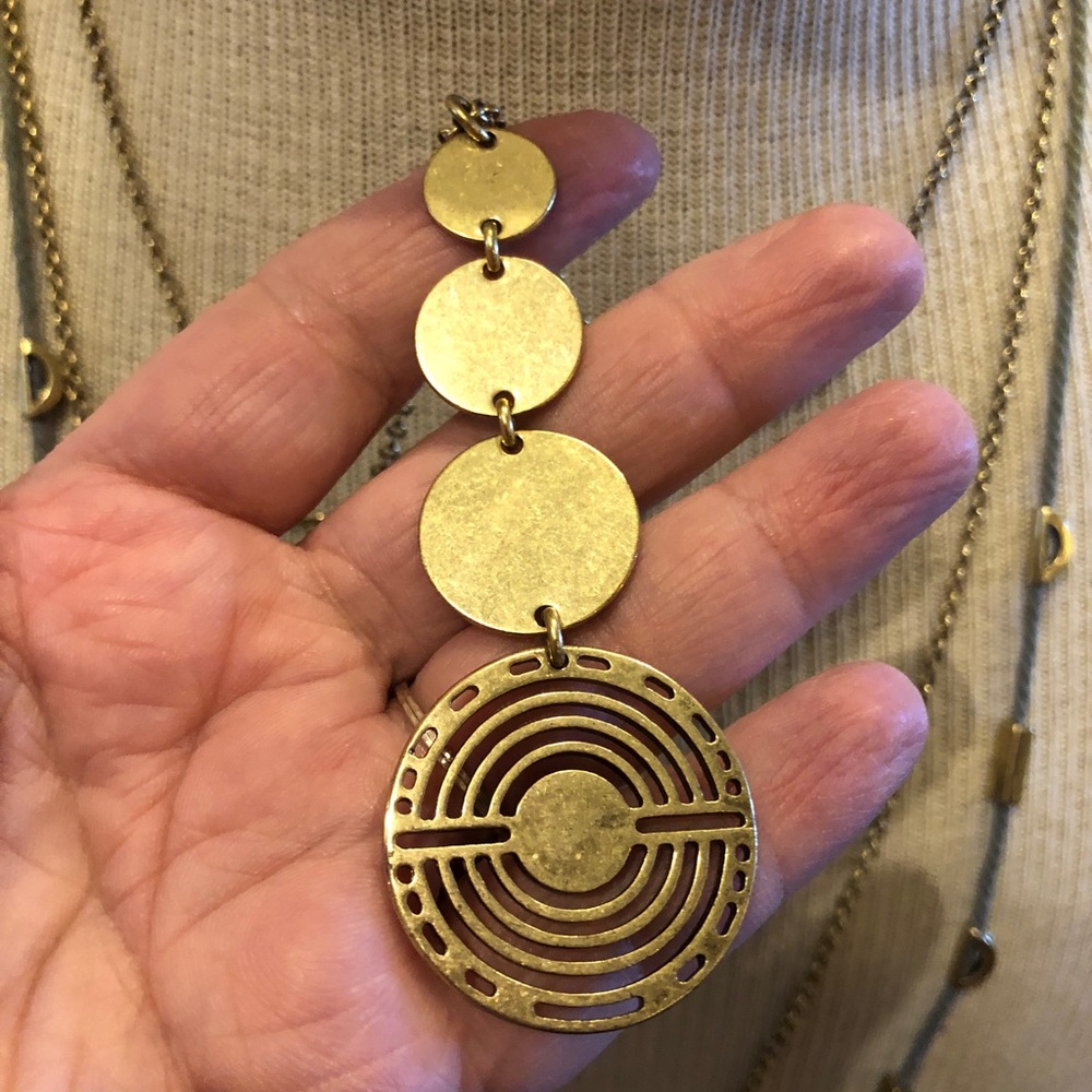 Lucky Brand Necklace triple strand- gold tone with gray cord - 4 circle pendant - Picture 8 of 13